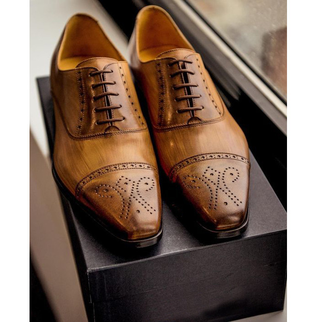 Wooden Brown Semi Brogue, Men's Customize Lace Up Formal, Handmade Dress Shoes,