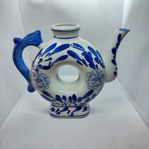 Vintage Vase Blue White Round Donut Shape floral China for decoration only - £15.80 GBP