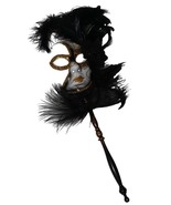 Black Gold Fancy Feather Flower Stick Masquerade Mardi Gras Mask - $505.94 MXN