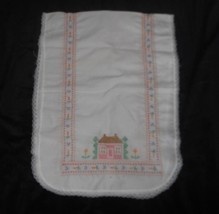 Vintage Dresser Scarf Table Runner Embroidery Cross Stitch House &amp; Flowers - £11.35 GBP