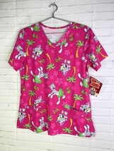 NEW Tom and Jerry Hawaiian Hula Work Scrub Top Shirt Pink Pockets Womens Size S - £21.77 GBP