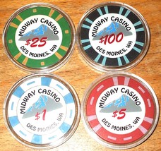 (4) Midway Casino Chips - Des Moines, Washington - Sample Set - $1 $5 $2... - £31.42 GBP