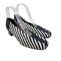 Vintage Rombel Shoes Womens 38 Navy Blue White Striped Woven Block Heels... - $29.70