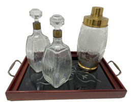 Antique Liquor Bottles on Serving Tray with Etched Lidded Jar - £33.54 GBP