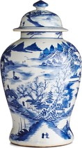 Temple Jar Vase Mountain Village Landscape Blue White Porcelain - £393.29 GBP