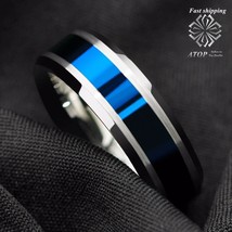 8MM Men&#39;s Jewelry Tungsten Carbide Rings Blue Center silver Brushed Edge Rings  - £19.57 GBP