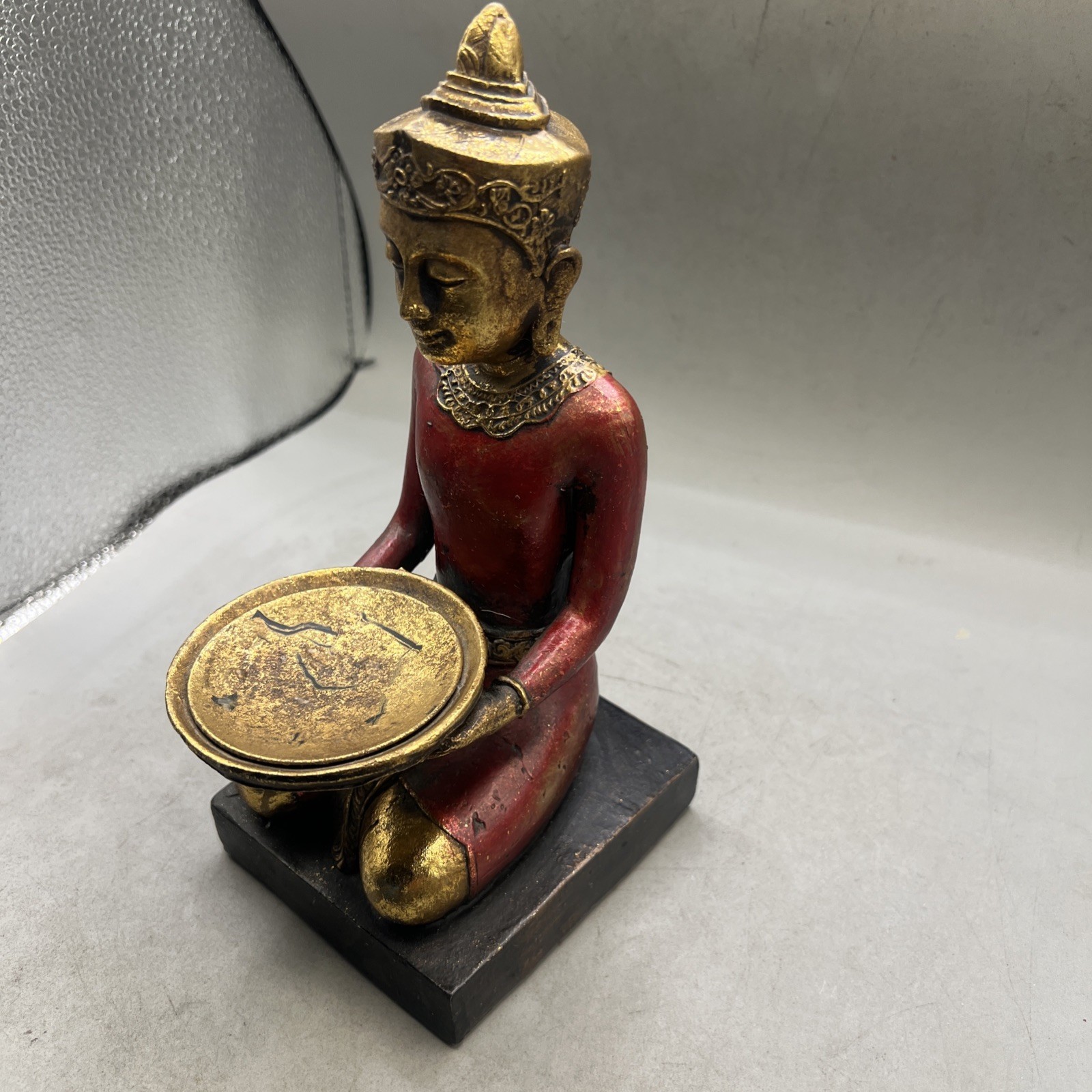 Vintage 1970 Buddha Candle Holder  Wooden And Brass - $28.70