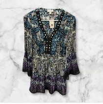 Dressbarn Blouse Top Sz M Womans Blue Purple Paisley Pleat Fabric Beaded... - $16.82