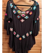 EUC WOMENS TOP Black *Multi-Color Crochet Trim* Desheng Bell Sleeves Boho Large - $24.74