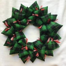 Green and Black Buffalo Plaid Christmas Holiday Wreath with Red and White Ribbon - £41.44 GBP