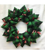 Green and Black Buffalo Plaid Christmas Holiday Wreath with Red and White Ribbon - $51.85