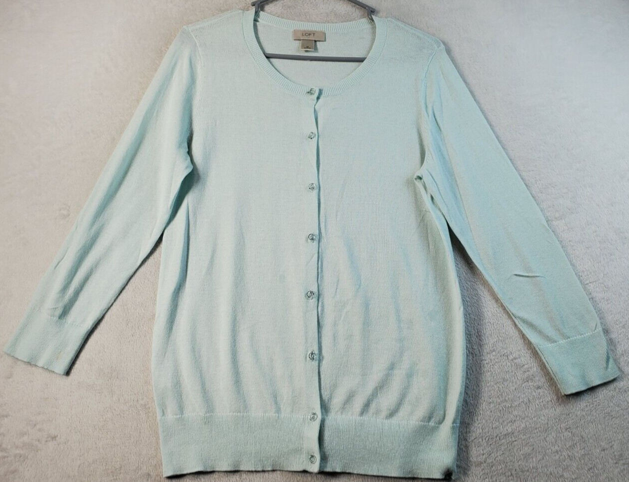 LOFT Cardigan Sweater Womens Medium Green Knit Cotton Raglan Sleeve Butt... - $12.23