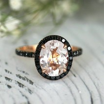 2Ct Oval Peach Morganite Black Diamond Halo Engagement Ring 14K Rose Gold Over - £67.26 GBP