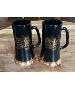 Lot of 2 Vintage Heraldry Gold Crested Lion Black Glass Beer Stein w Cop... - $32.38