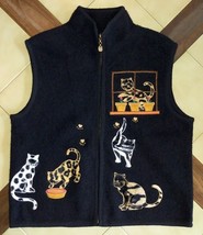 Vintage LISA INTERNATIONAL Black Boiled Wool Zip Front Vest w/ Cat Appli... - £11.64 GBP