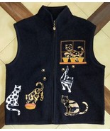 Vintage LISA INTERNATIONAL Black Boiled Wool Zip Front Vest w/ Cat Appli... - £11.57 GBP