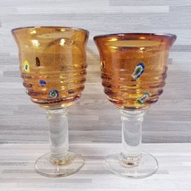 2-Mexican Heavy Amber Hand-Blown Art Glass Wine Water Goblets - $31.50