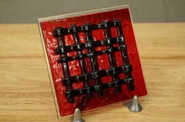 Fused Glass Studio Art Original Black &amp; Red Lattice Weave Square Coaster - £10.08 GBP