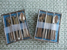 Vintage TOY Metal FLATWARE w/2 Blue Mesh Holders - 8 Forks 8 Knives 7 Spoons - £31.32 GBP