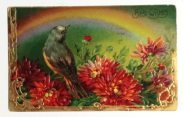 Best Wishes Rainbow Blue Bird Flowers Gold Embossed Gel Postcard c1900s Germany - £7.90 GBP