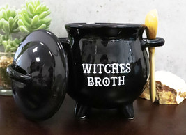 Ebros Ceramic Wicca Black Cauldron Dipping Condiment Bowl Mug W/ Broom Spoon - £16.05 GBP