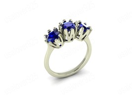 Blue Sapphire Round Three Gemstone Silver Solitaire Modern Women Ring Jewelry - $53.00