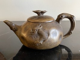 Vintage Chinese Yixing Signed Relief Dragon and Koi Fish Pottery Teapot - $890.01
