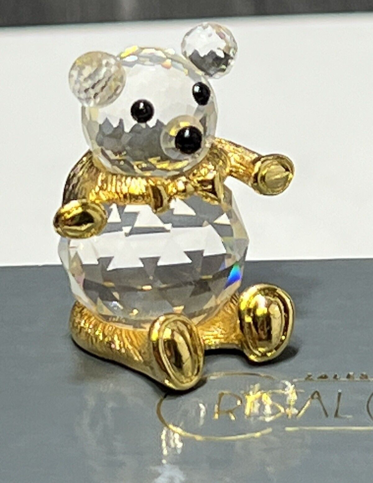 1980s Zales Crystal Collectables Swarovski Teddy Bear Gold Bow Tie Paws w Box - $33.66