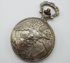 American Bald Eagle Embossed Silver Case Tone Gift Pocket Watch Quartz - $14.84