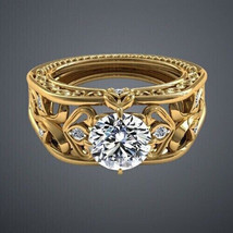 Engagement &amp; Wedding Filigree Ring 14k Yellow Gold Plated 2Ct Cubic Zirconia - £89.90 GBP
