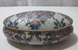 Vtg HFP Macau Handpainted trinket box Pink Lavender Floral Oval Shape - £27.54 GBP