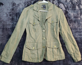 BISOU BISOU Jacket Womens XS Green 100% Linen Long Sleeve Pockets Button Front - £14.68 GBP