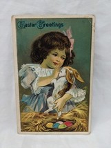 Vintage Easter Greetings Little Girl Holding Rabbit With Colored Eggs Po... - $12.38