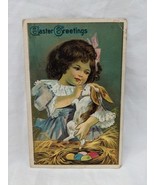 Vintage Easter Greetings Little Girl Holding Rabbit With Colored Eggs Po... - $12.38