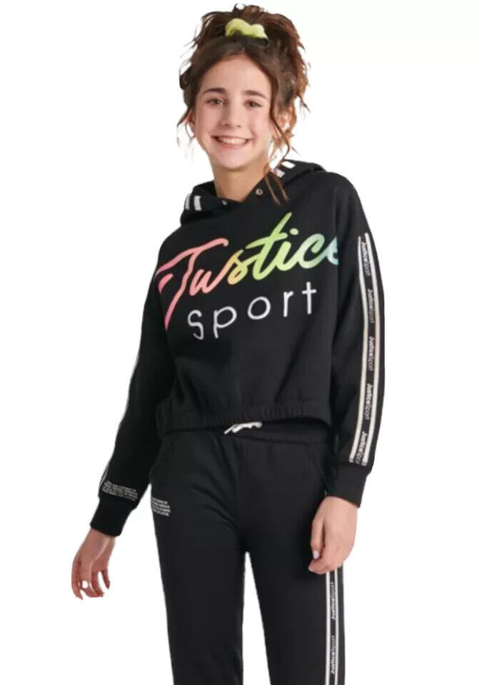 Justice Girls Cropped Hoodie Sweatshirt Black Size 7/8 Pullover Gel Glitter Logo