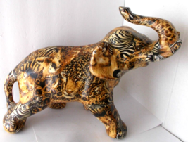 Elephant Figurine Decoupage Safari Animal Print Upraised Trunk For Luck - $19.79