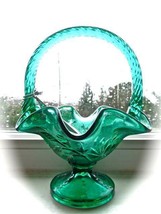 GREEN COMPOTE RUFFLED FENTON BASKET GLASS DISH BOWL 5.75&quot; - $29.65