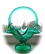 GREEN COMPOTE RUFFLED FENTON BASKET GLASS DISH BOWL 6.5&quot; TALL Butch Wright - $24.95