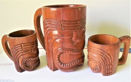 LOT of 3 Vintage Wood Carved Hawaiian Polynesian Tiki Bar Mugs 1959 - £34.36 GBP