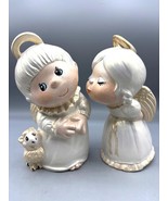 Vtg 1982 2 Pc Ceramic Kissing Angel Figurines Set Lamb Hand Painted Girl... - $326.57 MXN