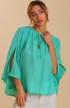 New Umgee S M L Aqua Lightweight Textured Flowy Cape Tie Front Top Slit Sleeves - £16.55 GBP