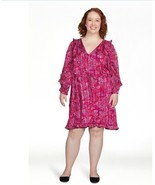 Women’s Long Sleeve Ruffle Dress Size Large Fuscia Paisley Floral - £14.33 GBP