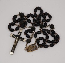 Black Plastic Beaded Chain Rosary Necklace Cross Pendant made in France - $24.74