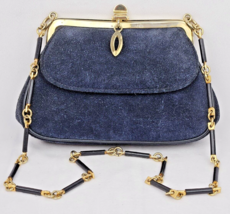Vintage Bellido Susan Gail Evening Bag Dark Blue Suede Segmented Chain Top Clasp - $53.90