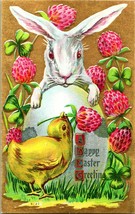 Vtg Postcard Easter Greetings Rabbit Chick Egg Red Clover Gilded Embossed Unused - £12.44 GBP