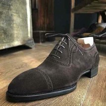 Handmade Men&#39;s Genuine Brown Dress Suede Leather Oxford  Cap Toe Lace up Shoes - $128.69