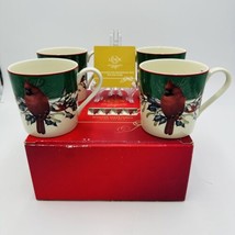Lenox Porcelain Winter Greetings Cardinal Red Bird Set of 4 Mugs Box USA - £43.72 GBP