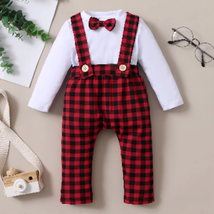 NEW Buffalo Plaid Baby Boys Overalls &amp; Bow Tie Shirt Christmas Outfit Set - £8.78 GBP