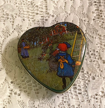 Vintage heart shaped small tin The Apple Harvest artwork Carl Larsson green - $5.00