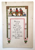 Antique New Years PC Dickens Peace and Plenty Quote Embossed Bergman Card - £3.95 GBP